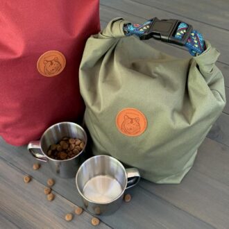 WilderDog Dog Food Travel Bag two colors and metal scooping cup