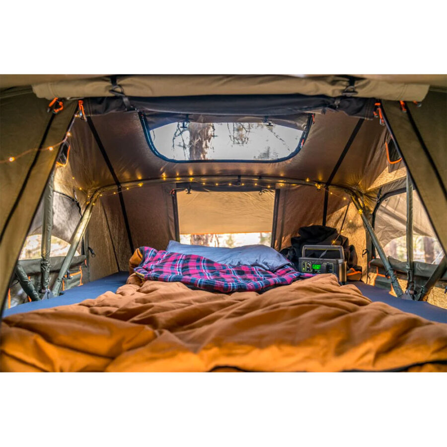Roam Vagabond XL Rooftop Tent inside tent with lights and sleeping bag