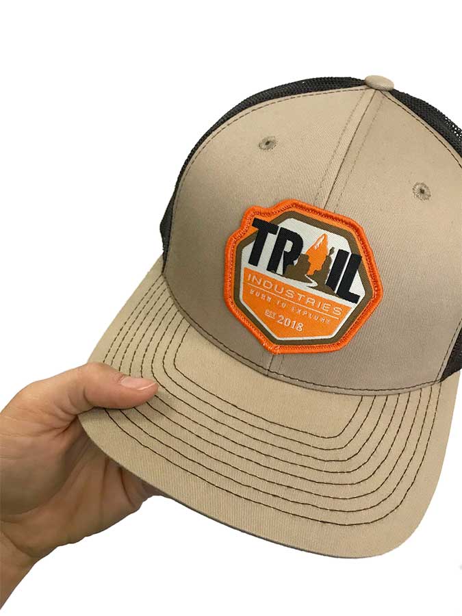 Trail Industries two tone tan & brown patch hat close up