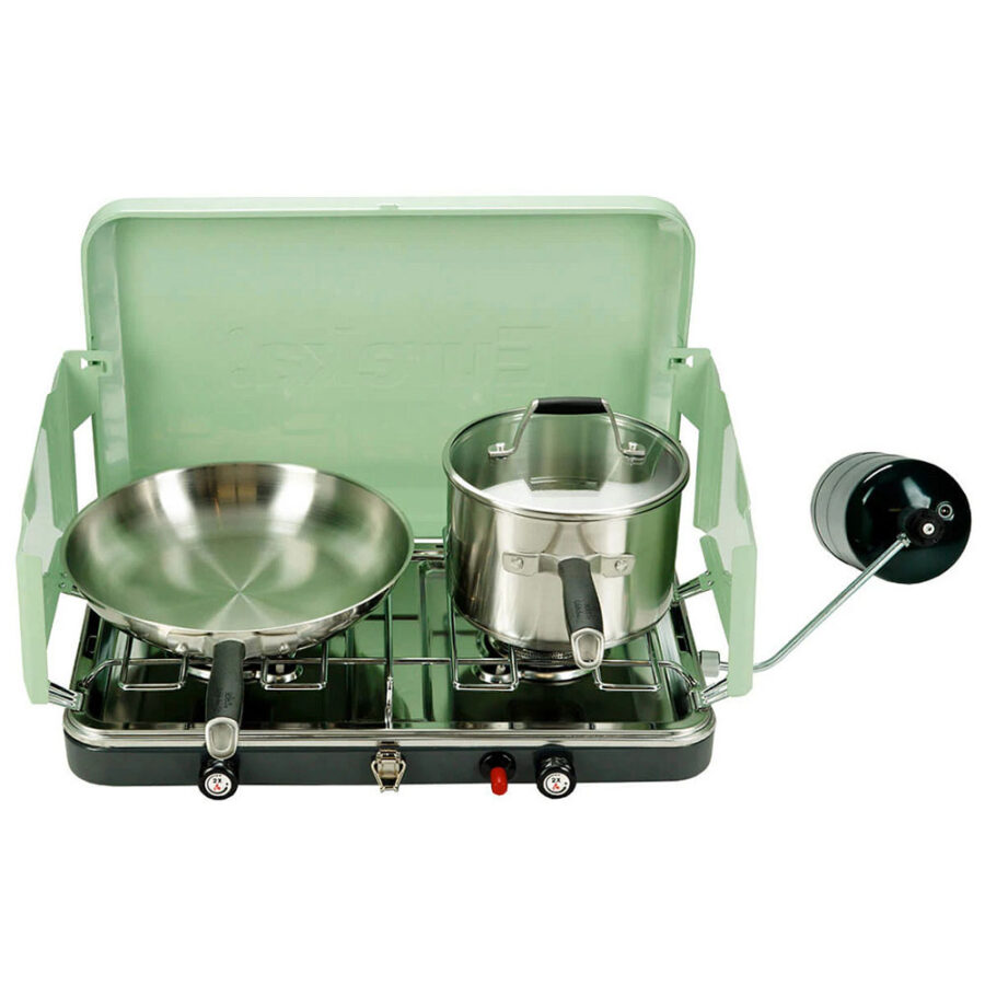 Eureka Ignite Camp Stove with pots and pans on the burners